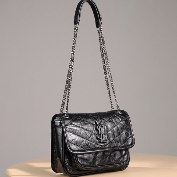 Saint Laurent Handbags - Black Crinkled Leather Chain Bag